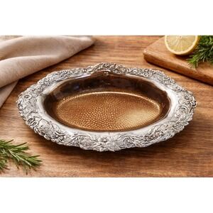 Vintage Silver Rich Brand Plastic Serving Bowl Silver Tone Floral Brown Insert